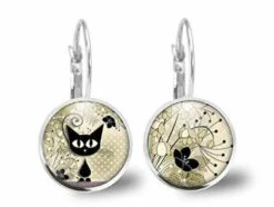 Boucles D'oreilles Chat Cabochon -le Chaton- Cadeau De Noël Femme - Anniversaire Femme - Saint Valentin - Argent Antique (ref.31a) Fba