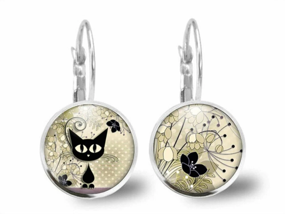 Boucles D'oreilles Chat Cabochon -le Chaton- Cadeau De Noël Femme - Anniversaire Femme - Saint Valentin - Argent Antique (ref.31a) Fba 2 Boucles D'oreilles Chat Cabochon -le Chaton- Cadeau De Noël Femme - Anniversaire Femme - Saint Valentin - Argent Antique (ref.31a) Fba – Image 2