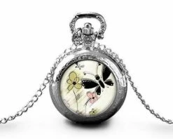 Montre à Gousset, Sautoir Illustré -le Papillon-, Cadeau De Noël Femme - Anniversaire De Femme - Saint Valentin - Argent (ref.71-3a)