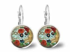 Boucles D'oreilles Cabochon -crâne Fleuri-, Cadeau De Noël Femme - Anniversaire Femme - Saint Valentin - Argent Antique (ref.54a)