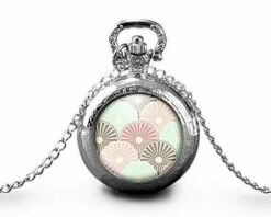 Montre à Gousset, Sautoir Illustré-fleurs -fleurs Japonaises-cadeau De Noël Femme - Anniversaire Femme - Saint Valentin - Argent (ref.16a)