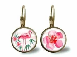 Boucles D'oreilles Cabochon -le Flamant Rose- Cadeau De Noël Femme - Saint Valentin - Cadeau D'anniversaire (ref.6) Fba