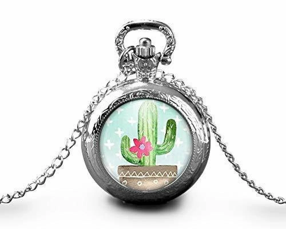 Montre à Gousset, Sautoir Illustré -le Cactus-, Cadeau De Noël Femme - Anniversaire Femme - Saint Valentin - Argent (ref.63a) 1 Montre à Gousset, Sautoir Illustré -le Cactus-, Cadeau De Noël Femme - Anniversaire Femme - Saint Valentin - Argent (ref.63a)