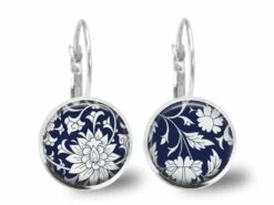 Boucles D'oreilles Cabochon, Boucles D'oreilles -fleurs Bleues-, Cadeau De Noël Femme - Anniversaire Femme - Argent Antique (ref.57a)