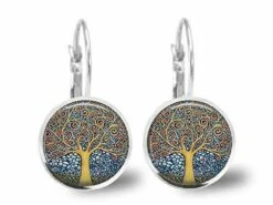 Boucles D'oreilles Cabochon, Boucles D'oreilles Illustrées Klimt -l'arbre De La Vie-, Cadeau De Noël Femme - Saint Valentin - Argent Antique