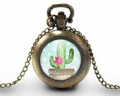 Montre à Gousset, Sautoir Illustré -le Cactus-, Cadeau De Noël Femme - Anniversaire Femme - Saint Valentin - Bronze (ref.63)