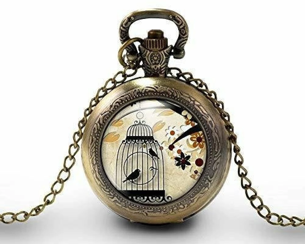 Montre à Gousset,sautoir Illustré-oiseau,cage-la Cage à Oiseaux-cadeau De Noël Femme-anniversaire De Femme-saint Valentin - Bronze (ref.39) 1 Montre à Gousset,sautoir Illustré-oiseau,cage-la Cage à Oiseaux-cadeau De Noël Femme-anniversaire De Femme-saint Valentin - Bronze (ref.39)