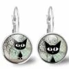 Boucles D'oreilles Chat Cabochon -le Chat Et Les Points- Cadeau De Noël Femme - Anniversaire Femme -saint Valentin-argent Antique(ref.50a)