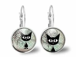 Boucles D'oreilles Chat Cabochon -le Chat Et Les Points- Cadeau De Noël Femme - Anniversaire Femme -saint Valentin-argent Antique(ref.50a)