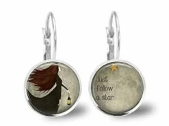 Boucles D'oreilles Cabochon, Boucles D'oreilles Illustrées -nuit Noire-, Cadeau De Noël Femme - Saint Valentin - Argent Antique (ref.55a)