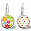 Boucles D'oreilles Cabochon -fleurs Colorées-, Cadeau De Noël Femme - Anniversaire Femme - Saint Valentin - Argent Antique (ref.68a) Fbm