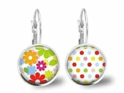 Boucles D'oreilles Cabochon -fleurs Colorées-, Cadeau De Noël Femme - Anniversaire Femme - Saint Valentin - Argent Antique (ref.68a) Fbm