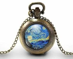 Montre à Gousset,sautoir Illustré-van Gogh-la Nuit étoilée-cadeau De Noël Femme - Anniversaire De Femme - Saint Valentin - Bronze (ref.15)