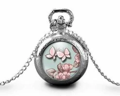 Montre à Gousset, Sautoir Illustré, Papillon -papillon Rose- Cadeau De Noël Femme - Anniversaire Femme - Saint Valentin - Argent (ref.44a)