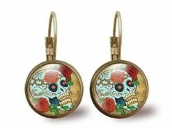 Boucles D'oreilles Cabochon -crâne Fleuri-, Cadeau De Noël Femme - Anniversaire Femme - Saint Valentin - Bronze (ref.54)