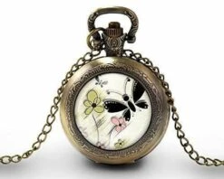 Montre à Gousset, Sautoir Illustré -le Papillon-, Cadeau De Noël Femme - Anniversaire De Femme - Saint Valentin - Bronze (ref.71-3)