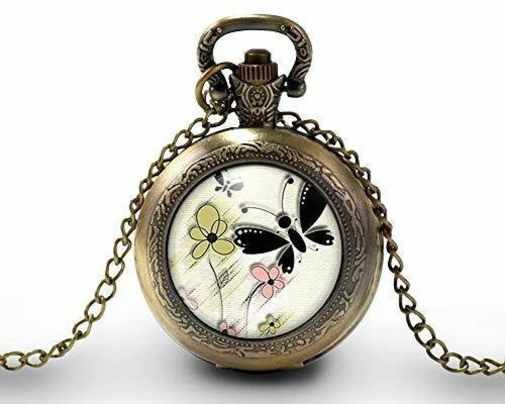 Montre à Gousset, Sautoir Illustré -le Papillon-, Cadeau De Noël Femme - Anniversaire De Femme - Saint Valentin - Bronze (ref.71-3) 1 Montre à Gousset, Sautoir Illustré -le Papillon-, Cadeau De Noël Femme - Anniversaire De Femme - Saint Valentin - Bronze (ref.71-3)