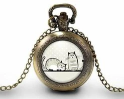 Montre à Gousset, Sautoir Illustré -les Deux Chats-, Femme Cadeau De Noël - Anniversaire Femme - Saint Valentin - Bronze (ref.77)