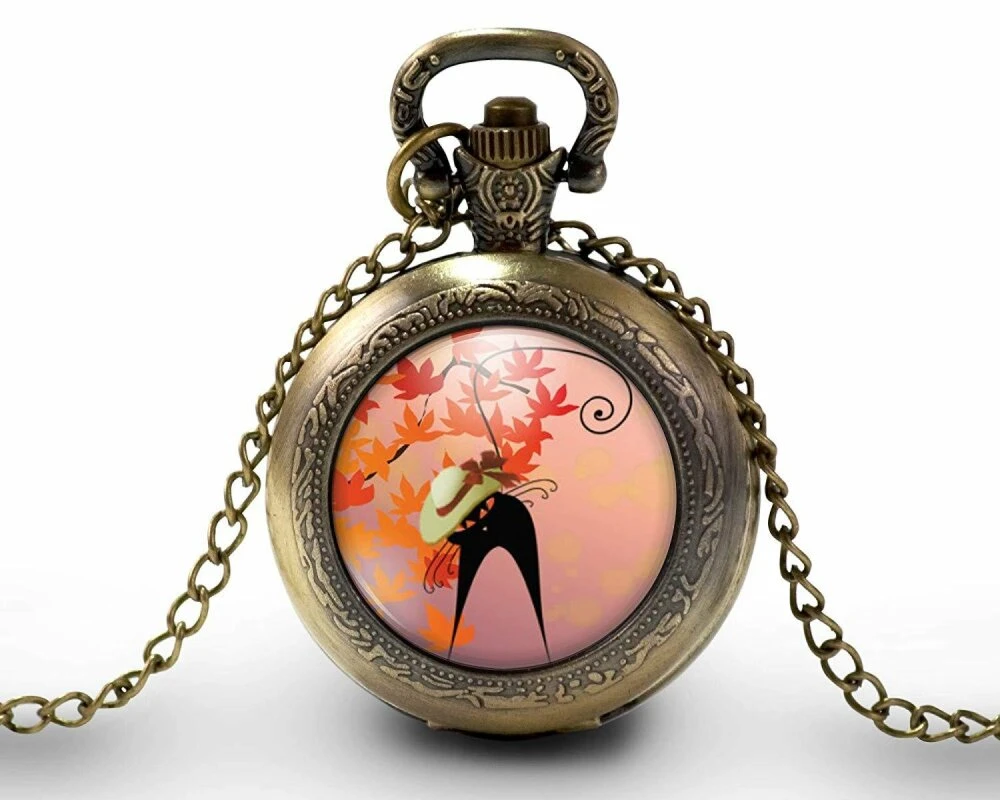 Montre à Gousset, Sautoir Illustré - Chat -automne- Cadeau De Noël Femme - Anniversaire Femme - Saint Valentin - Bronze (ref.28) 2 Montre à Gousset, Sautoir Illustré - Chat -automne- Cadeau De Noël Femme - Anniversaire Femme - Saint Valentin - Bronze (ref.28) – Image 2