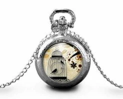 Montre à Gousset,sautoir Illustré-oiseau, Cage-la Cage à Oiseaux-cadeau De Noël Femme-anniversaire De Femme-saint Valentin-argent (ref.39a)