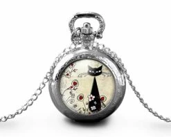 Montre à Gousset,sautoir Illustré-chat -le Chat Parmi Les Fleurs-cadeau De Noël Femme-anniversaire Femme -saint Valentin - Argent (ref.33a)