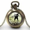 Montre à Gousset, Sautoir Illustré -le Chat Dans Le Pré-, Cadeau De Noël Femme - Anniversaire Femme - Saint Valentin - Bronze (ref.70-1)