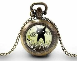 Montre à Gousset, Sautoir Illustré -le Chat Dans Le Pré-, Cadeau De Noël Femme - Anniversaire Femme - Saint Valentin - Bronze (ref.70-1)