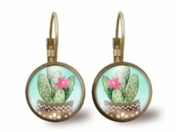 Boucles D'oreilles Cabochon -le Cactus-, Cadeau De Noël Femme - Anniversaire Femme - Saint Valentin - Bronze (ref.63)