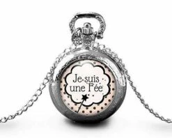 Montre à Gousset,sautoir Illustré-petite Baguette-je Suis Une Fée-cadeau De Noël Femme-anniversaire De Femme-saint Valentin-argent(ref.37a)