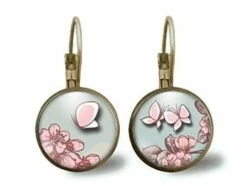 Boucles D'oreilles Cabochon -papillon Rose- Cadeau De Noël Femme - Saint Valentin - Cadeau D'anniversaire (ref.44)