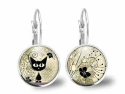 Boucles D'oreilles Chat Cabochon -le Chaton- Cadeau De Noël Femme - Anniversaire Femme - Saint Valentin - Argent Antique (ref.31a) Fbm