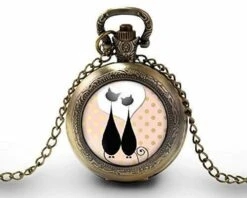 Montre à Gousset, Sautoir Illustré - Chat -chats Amoureux- Cadeau De Noël Femme - Anniversaire Femme - Saint Valentin - Bronze (ref.19)