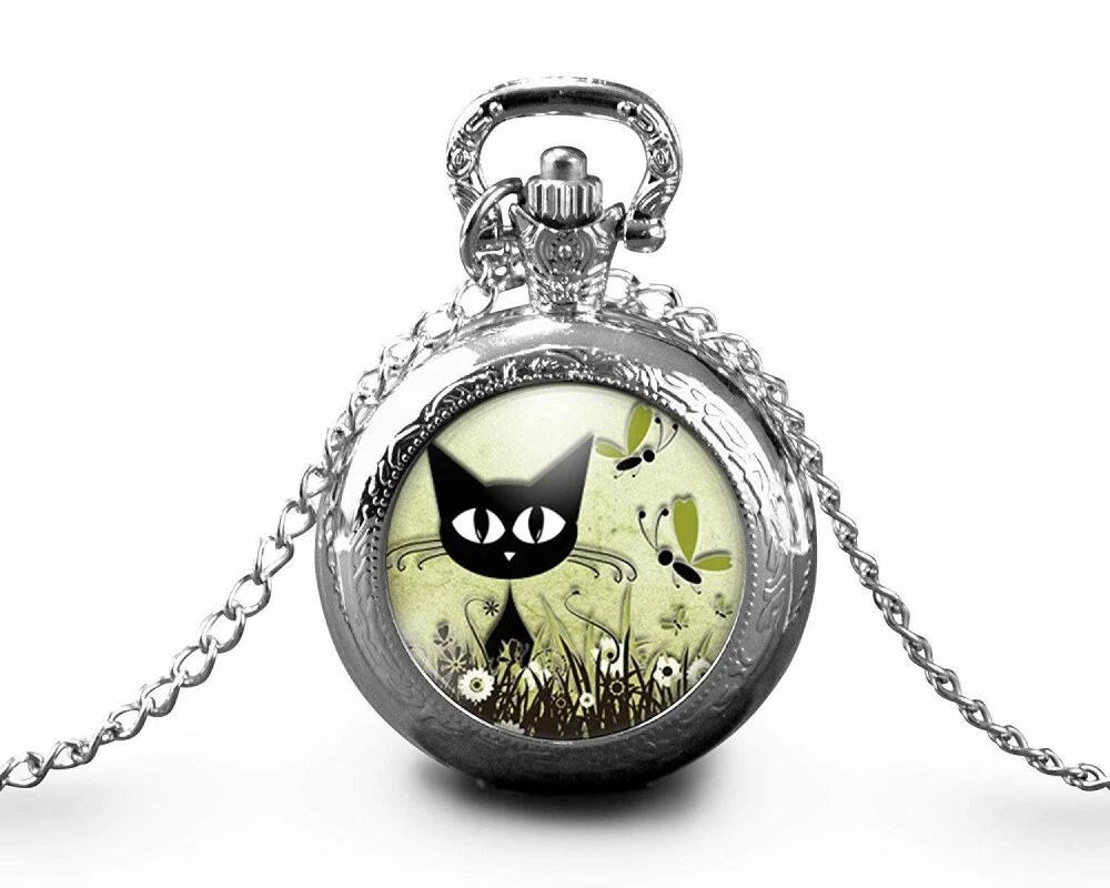 Montre à Gousset, Sautoir Illustré -le Chat Dans La Prairie-, Cadeau De Noël Femme - Anniversaire Femme - Saint Valentin - Argent (ref.70a) 2 Montre à Gousset, Sautoir Illustré -le Chat Dans La Prairie-, Cadeau De Noël Femme - Anniversaire Femme - Saint Valentin - Argent (ref.70a) – Image 2