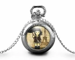Montre à Gousset,sautoir Illustré-petite Fille, Parapluie-la Petite Fille à Paris-cadeau De Noël Femme-anniversaire Femme -saint Valentin -