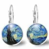 Boucles D'oreilles Cabochon Van Gogh -la Nuit étoilée- Cadeau De Noël Femme - Anniversaire Femme - Saint Valentin -argent Antique(ref.15a)