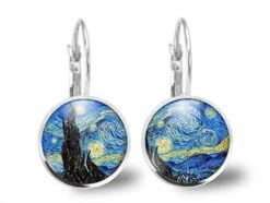 Boucles D'oreilles Cabochon Van Gogh -la Nuit étoilée- Cadeau De Noël Femme - Anniversaire Femme - Saint Valentin -argent Antique(ref.15a)