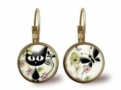 Boucles D'oreilles Cabochon -le Chat Du Printemps-, Cadeau De Noël Femme - Anniversaire Femme - Saint Valentin - Bronze (ref.71)