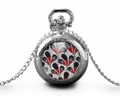 Montre à Gousset, Sautoir Illustré- Fleur -fleurs Modernes- Femme, Cadeau De Noël - Anniversaire Femme - Saint Valentin - Argent (ref.52a)