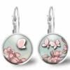 Boucles D'oreilles Cabochon, Papillon -papillon Rose- Cadeau De Noël Femme - Anniversaire Femme - Saint Valentin - Argent Antique(ref.44a)
