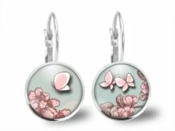 Boucles D'oreilles Cabochon, Papillon -papillon Rose- Cadeau De Noël Femme - Anniversaire Femme - Saint Valentin - Argent Antique(ref.44a)