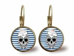 Boucles D'oreilles Cabochon -le Pirate-, Cadeau De Noël Femme - Anniversaire Femme - Saint Valentin - Bronze (ref.94)