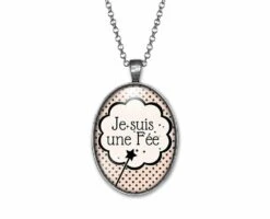 Collier Cabochon Petite Baguette -je Suis Une Fée- Cadeau De Noël Femme - Anniversaire Femme - Saint Valentin - Argent Antique (ref.37a)