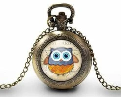 Montre à Gousset, Sautoir Illustré -la Chouette Estampillée-, Cadeau De Noël Femme - Anniversaire Femme - Saint Valentin - Bronze (ref.87)