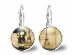Boucles D'oreilles Cabochon Petite Fille, Parapluie -la Petite Fille à Paris- Cadeau De Noël Femme - Anniversaire Femme - Antiquité