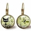 Boucles D'oreilles Cabochon -le Chat Dans La Prairie-, Cadeau De Noël Femme - Anniversaire Femme - Saint Valentin - Bronze (ref.70)