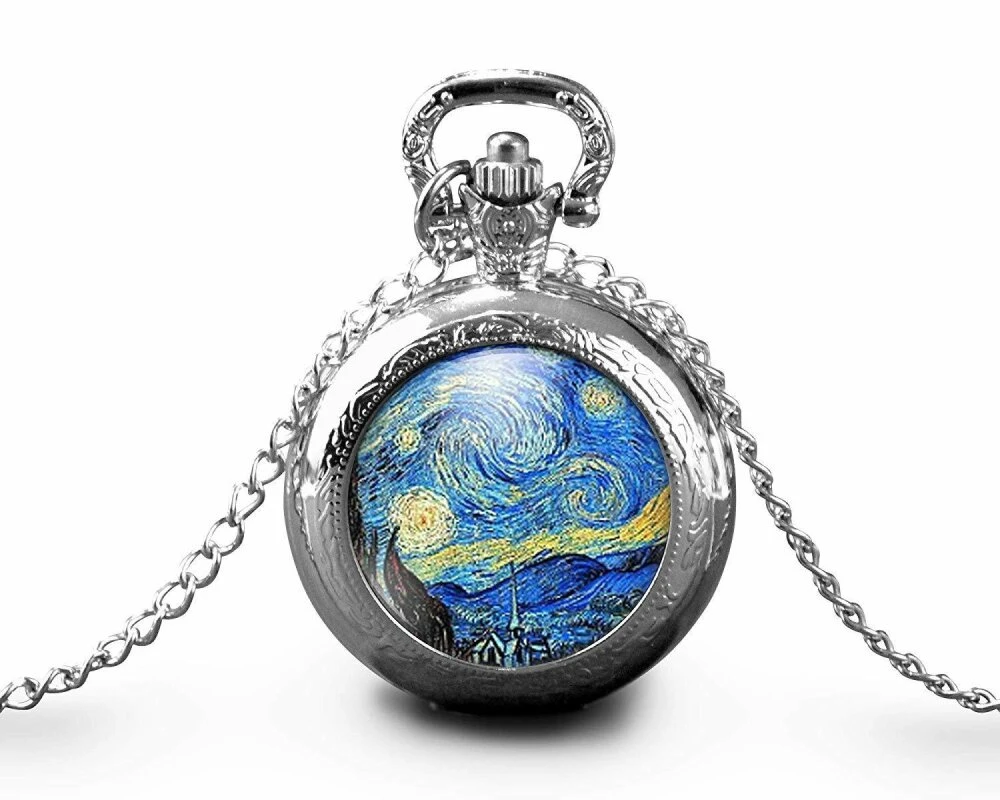 Montre à Gousset,sautoir Illustré-van Gogh-la Nuit étoilée-cadeau De Noël Femme - Anniversaire De Femme - Saint Valentin - Argent (ref.15a) 2 Montre à Gousset,sautoir Illustré-van Gogh-la Nuit étoilée-cadeau De Noël Femme - Anniversaire De Femme - Saint Valentin - Argent (ref.15a) – Image 2