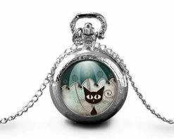 Montre à Gousset,sautoir Illustré-chat-le Chat Au Parapluie-cadeau De Noël Femme - Anniversaire De Femme - Saint Valentin - Argent (ref.2a)