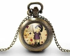 Montre à Gousset,sautoir Illustré-petite Fille-chasse Aux Papillons-cadeau De Noël Femme-anniversaire Femme-saint Valentin -bronze (ref.27)