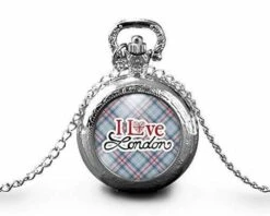 Montre à Gousset,sautoir Illustré,londres -i Love London- Cadeau De Noël Femme - Anniversaire De Femme - Saint Valentin - Argent (ref.36a)