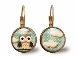 Boucles D'oreilles Cabochon -la Chouette Brune- Cadeau De Noël Femme - Saint Valentin - Cadeau D'anniversaire (ref.49)